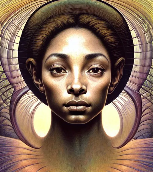 Image similar to detailed realistic beautiful young sade adu face portrait by jean delville, gustave dore and marco mazzoni, art nouveau, symbolist, visionary, baroque, intricate biomechanical fractal. horizontal symmetry by zdzisław beksinski, iris van herpen, raymond swanland and alphonse mucha. highly detailed, hyper - real, beautiful