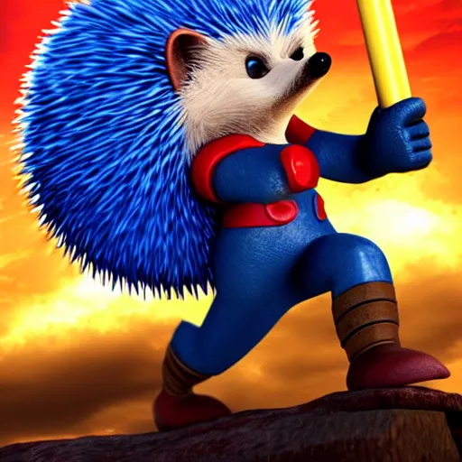 Image similar to the hedgehog thor ~ holding his hammer ~ dramatic thunder background ~ fighting scene ~