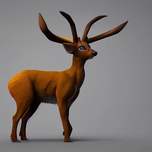 Image similar to a air type pokemon resembling a deer, deer air pokemon, skin reflexion zbrushcentral matcap :: by beeple by Raffaello Sanzi and Chao Teng Zhao :: centered,pixar and dreamwork artstation, smooth, sharp focus, octane render, 3d rim light