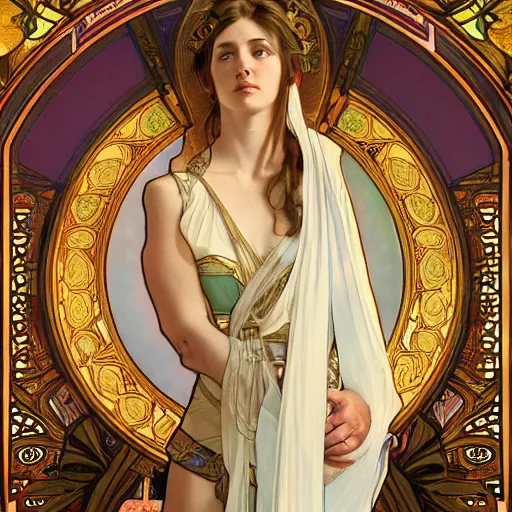 Prompt: a Portrait of A goddess in a church with a holy light emanating from her body by greg rutkowsk and alphonse mucha,In style of WLOP.digital art illustration.hyper detailed,smooth, sharp focus,trending on artstation,4k