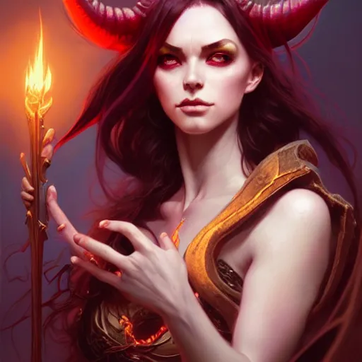 Image similar to Demoness, female, robes, D&D, fantasy, intricate, elegant, highly detailed, digital painting, artstation, octane render, concept art, matte, sharp focus, illustration, hearthstone, art by Artgerm and Greg Rutkowski and Alphonse Mucha