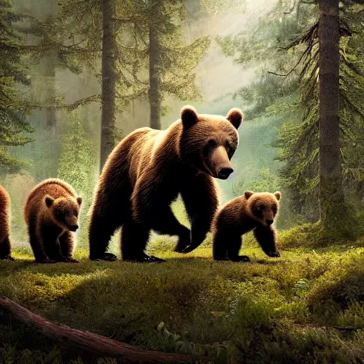 Image similar to wild bear with cubs in the forest, realistic, tone mapping, akihiko yoshida, james jean, andrei riabovitchev, marc simonetti, digital illustration, greg rutowski, high key lighting, volumetric lighting, digital art, highly detailed, intricate, ornate, complex, octane render