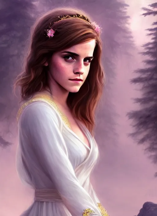 Prompt: emma watson as magic healer goddess, long hair, white and pink cloth, lake in the forest, D&D, shiny background, intricate, elegant, highly detailed, digital painting, artstation, concept art, smooth, sharp focus, illustration, artgerm, bouguereau