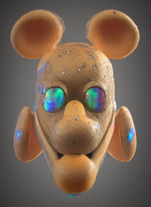 Image similar to mickey mouse head, fractal, broken, wet, mycelium, radiant alien, rococo, baroque, automotive, bio-mechanical, porcelain, iridescent sub surface scattering, octane render