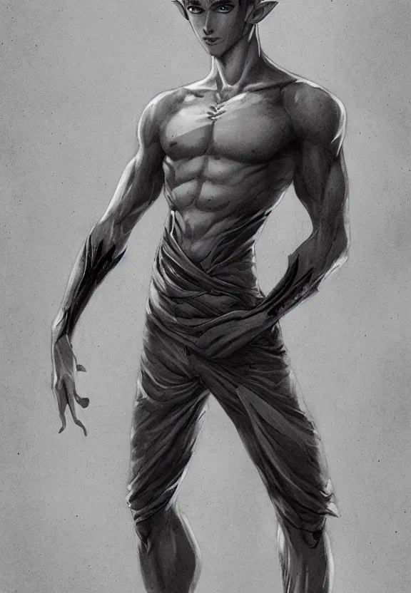 Image similar to a cute calm handsome young adult male muscular slim blu skin elf with grey light tight clothes concept art in the style of lee bermejo and greg rutkowski