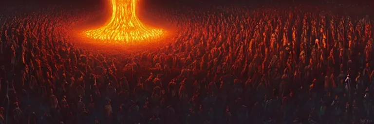 Prompt: a crowd of worshipers praying to a portal to hell, by Michael Whelan, luminous lighting, cinematic, panoramic, aspect ratio 1:3