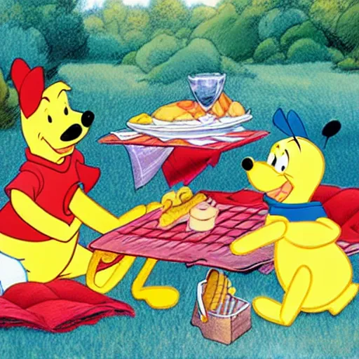 Image similar to Winnie the pooh and Donald duck having a picnic, cartoon