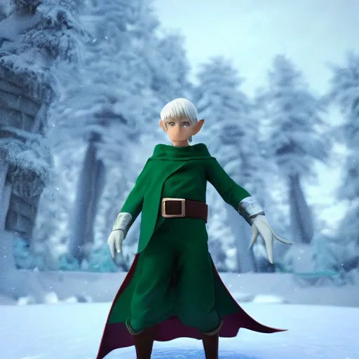 Image similar to elf boy render as a very beautiful 3d anime boy, silver hair, azur green eyes, full round face, belly free Cloak, short smile, in snow, cinematic lightning, medium shot, mid-shot, highly detailed, trending on Artstation, Unreal Engine 4k, cinematic wallpaper