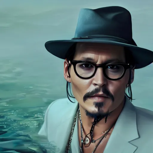 Image similar to johnny depp in a pool full of chip dip, ultra high detailed, oil painting, greg rutkowski, charlie bowater, yuumei, yanjun cheng, unreal 5, daz, hyperrealistic, octane render, rpg portrait, dynamic lighting