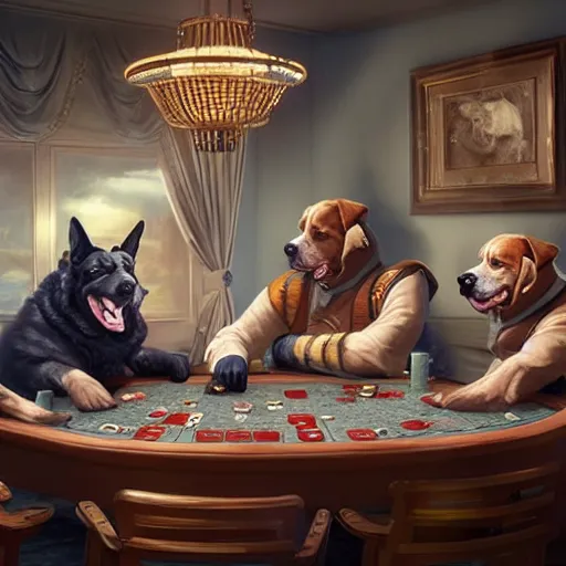 Image similar to four dog navy admirals playing poker art by raymond swanland and svetlin velinov, intricate detail, cinematic, 8 k, cel shaded, unreal engine, featured on artstation, pixiv