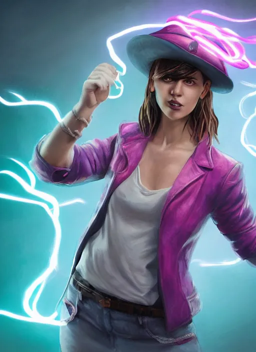 Prompt: An epic fantasy comic book style portrait painting of a young woman, with a wavy short pink hair and pink fedora hat, wearing a light pink jacket with a dark blue tie, purple gloves and blue jeans shorts and white shoes. She is holding blue neon strings tied on her hand, Unreal 5, DAZ, hyperrealistic, octane render, cosplay, RPG portrait, dynamic lighting