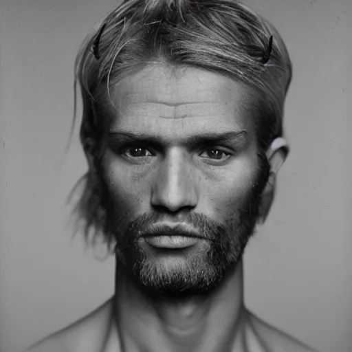 Image similar to portrait of a blonde blued serbian man by robert mapplethorpe
