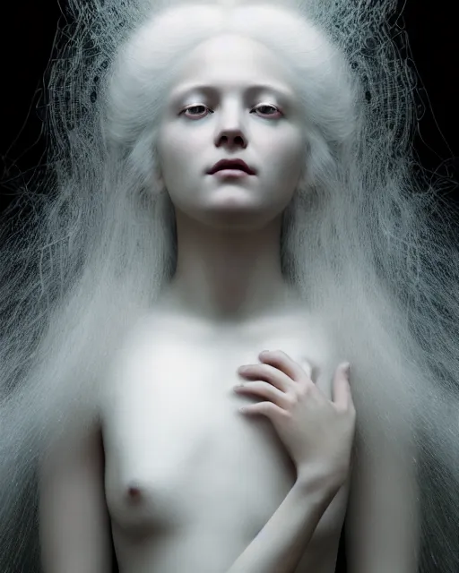 Image similar to soft, dreamy, subsurface scattering, white, young beautiful goddess in cosmos with very long white hair floating in air, fluid smoke art, black and white, octane render, dino valls, mark ryden, joe fenton, michal karcz, highly detailed, rim light, art, cinematic lighting, very coherent, hyper realism, 8 k