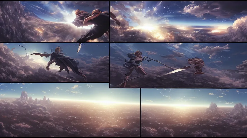 Image similar to highly detailed comic spread depicting an impactful action scene on the sky with expert design fictional characters, high details, dynamic art by murata, moebius, makoto shinkai, craig mullins, digital painting, masterpiece, best selling, pixiv, volumetric lighting, realistic shaded lighting, 8 k, highly detailed render,