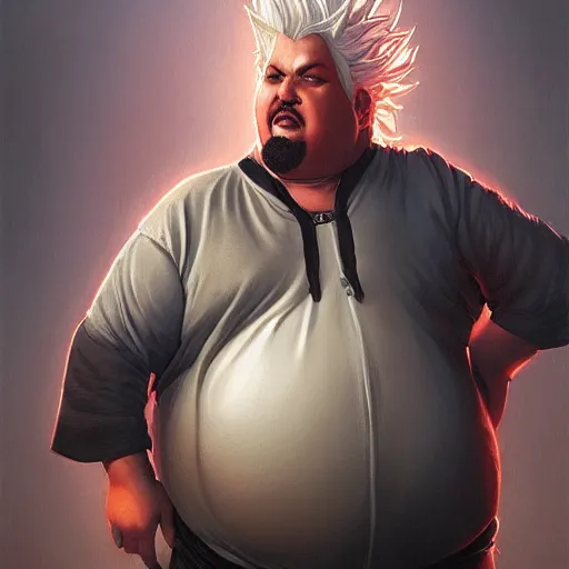 Image similar to Obese Guy Fieri, fantasy, intricate, elegant, highly detailed, digital painting, artstation, concept art, matte, sharp focus, illustration, art by Artgerm and Greg Rutkowski and Alphonse Mucha