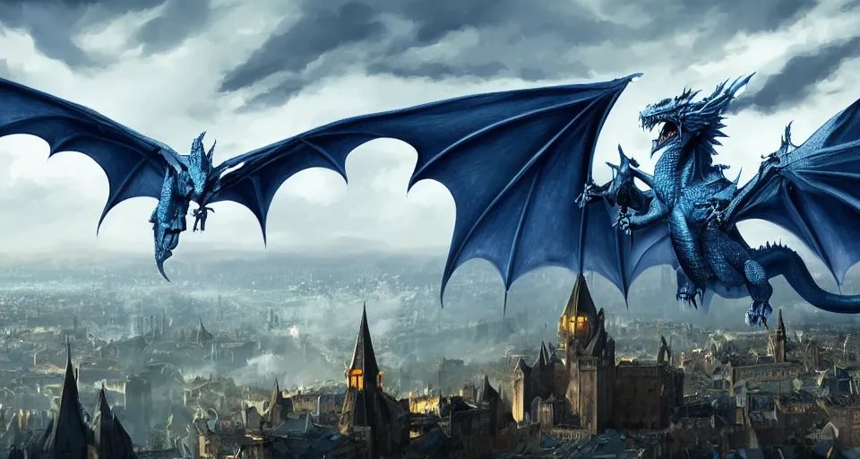 Prompt: single large dragon flying over medieval city, in style of artgerm and charlie bowater, 8k, hyper detailed, cold blue tones