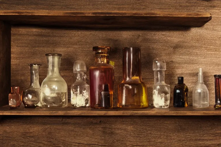 Prompt: five separate glowing potions on a wooden shelf, 1 2 century photograph captured in an office