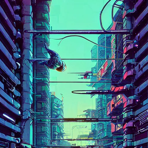 Image similar to Long shot of cyberpunk turtle cyborg on the street of a cyberpunk city, view from bottom to top, 150 mm lens, art by Josan Gonzalez, sci-fi, highly detailed, digital painting, artstation, smooth, sharp focus, illustration, concept art by Josan Gonzalez and James Gurney and Mœbius