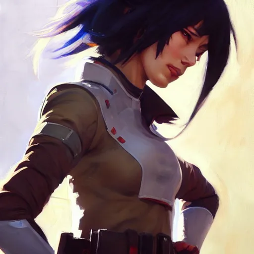 Prompt: Greg Manchess portrait painting of Mikasa Ackermann as Overwatch character, medium shot, asymmetrical, profile picture, Organic Painting, sunny day, Matte Painting, bold shapes, hard edges, street art, trending on artstation, by Huang Guangjian and Gil Elvgren and Sachin Teng