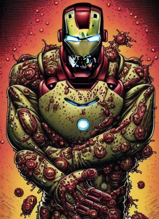 Image similar to iron man's disgusting true form bursting from within, gross, slimy, sleazy, pustules, high details, intricate details, by dan mumford