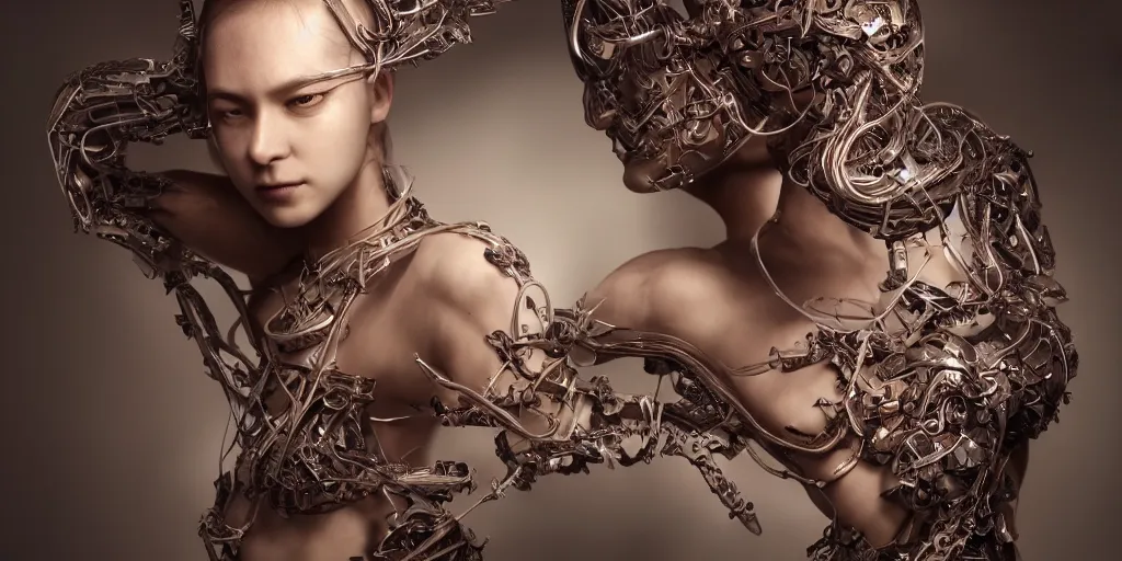 Image similar to hyper realistic photography of a stunningly beautiful cyborg female, plated arm, intimate, chest, holding close, ribbons, in the style of beth cavener, jin kagetsu,, and wlop, highly detailed, intricate filigree, symmetry, masterpiece, award winning, sharp focus, concept art, highkey lighting, ambient lighting, octane render, 8 k, artstation