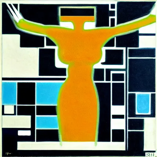 Image similar to “1950’s art deco ‘alien’, female, piet mondrian, midnight palette”