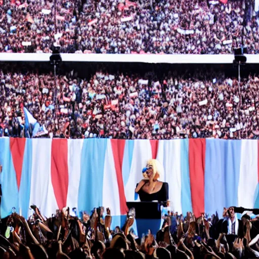 Image similar to Lady Gaga as president, Argentina presidential rally, Argentine flags behind, bokeh, giving a speech, detailed face, Argentina