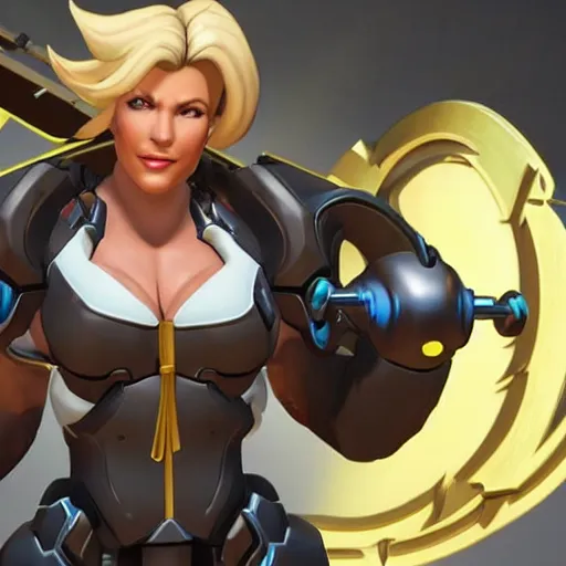 Image similar to a screenshot of arnold schwarzenegger as mercy in overwatch, full body shot