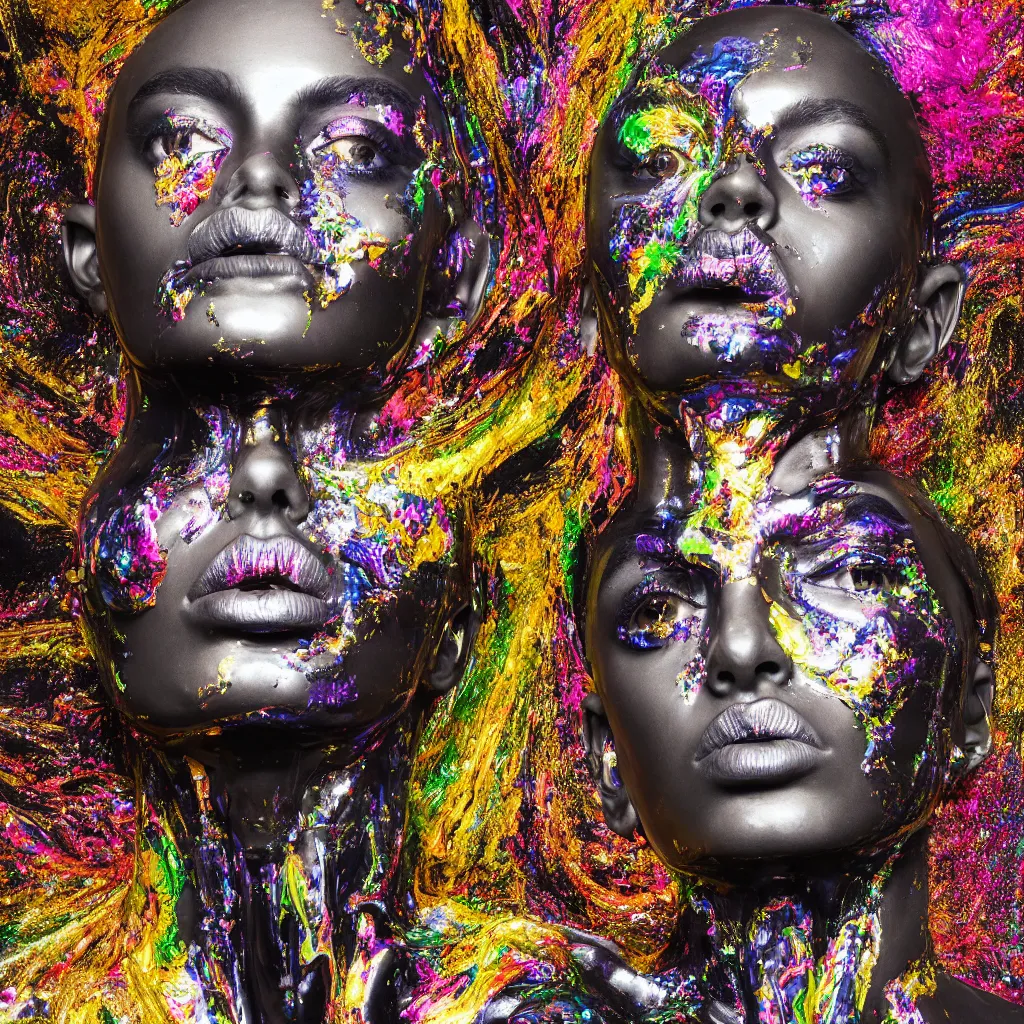 Prompt: hyperdetailed masterpiece portrait of a glossy black marble statue of a woman covered in colorful metallic liquid in the style of virgil abloh and ingrid baars, offwhite, heron prestorn, denoise, vogue, paris, fashion, louvre museum, highly detailed, realistic, hyperreal, 8 k, 4 k, render