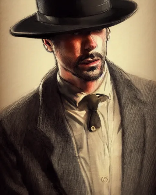 Image similar to portrait of a detective, zoomed in, noir, fedora, tweed coat, confident, handsome, heavy shading, vintage, high quality, centered, by artgerm, artstation, ( ( ( by ilya repin ) ) )