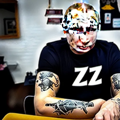 Image similar to putin at a tattoo shop. had a single tattoo of the letter z on his chest. canon eos r 3, f / 1. 4, iso 2 0 0, 1 / 1 6 0 s, 8 k, raw.