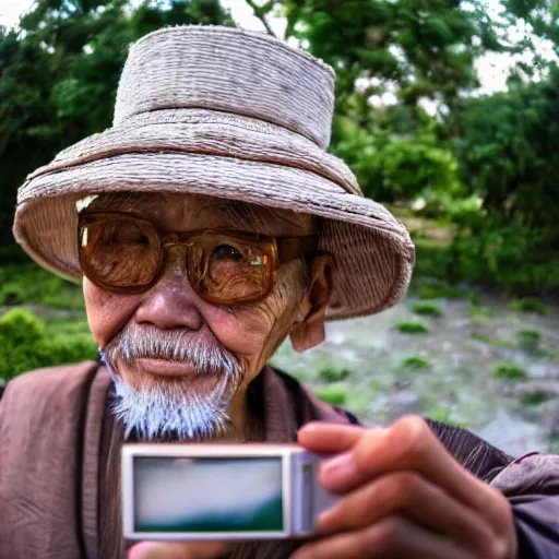 Image similar to Fisheye selfie of an old japanese man with long beard and asian rice hat, closeup