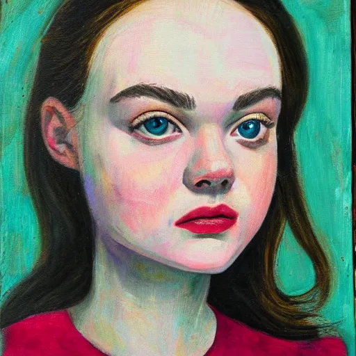 Image similar to portrait of Elle Fanning, tempera on board,