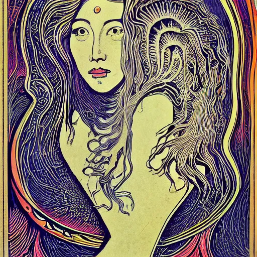 Prompt: a girl with huge shiny silver eyes, colored woodcut, poster art, by Mackintosh, art noveau, by Ernst Haeckel, bright pastel colors, 8k,