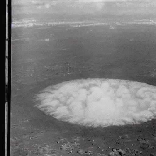 Image similar to a large nuclear crater in manhattan, there is smoking coming from the city, taken from a plane, realistic, taken on a ww 2 camera.