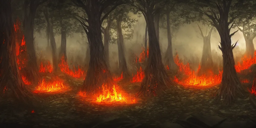 Prompt: concept art of a druidic village surrounded by trees made of obsidian and flames for leaves, dark fantasy, eerie, at dusk, slightly hazy, digital painting, large fire pit, realistic, sharp focus, high detail, beautiful