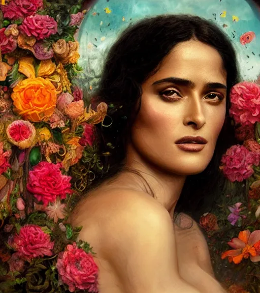 Image similar to portrait of the young salma hayek of the underworld, surrounded by flowers by karol bak, james jean, tom bagshaw, rococo, trending on artstation, cinematic lighting, hyper realism, octane render, 8 k, hyper detailed.