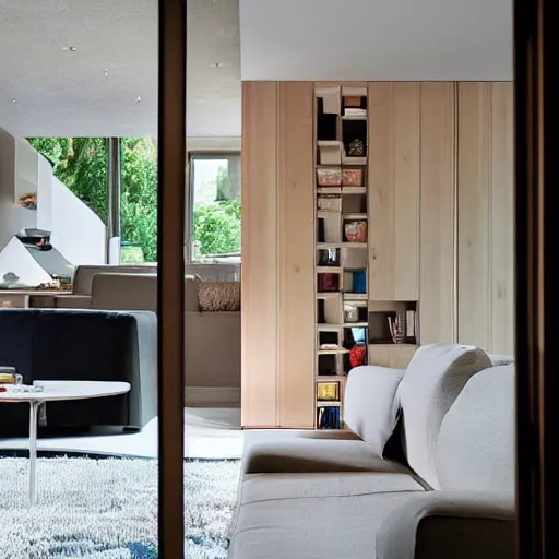 Image similar to a portal inside a living room, the portal leads directly to switzerland