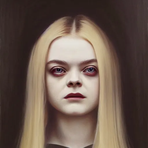 Prompt: a striking hyper real painting of Elle Fanning , dark, metal, occult, by Glyn Smyth