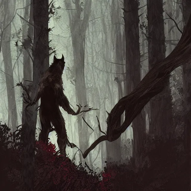 Image similar to a young fit male werewolf with long claws in a dark forest at night, by greg rutkowski and alphonse mucha, gradient brown to red, highly detailed, digital painting, artstation, concept art, smooth, sharp focus illustration