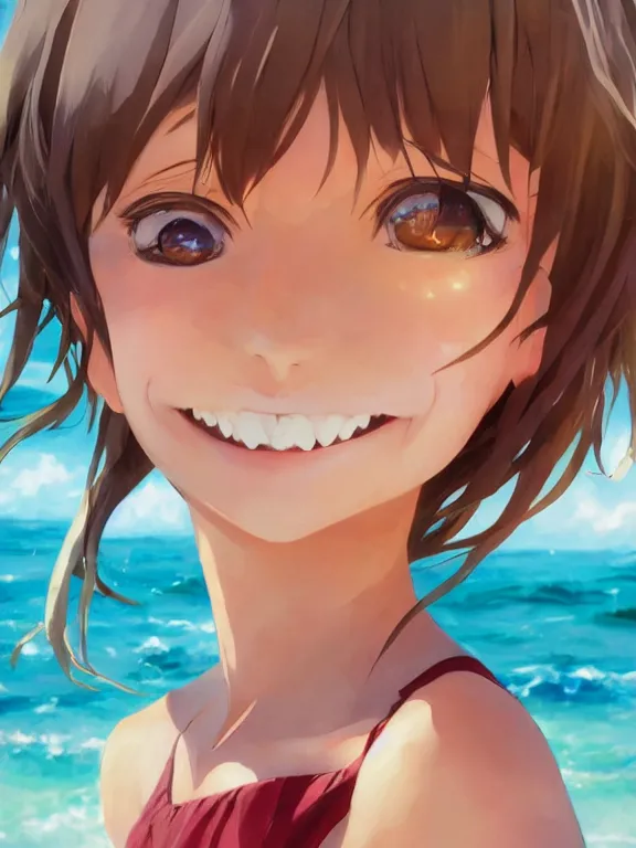 Image similar to An anime portrait of a smiling girl on the beach near the ocean, young child, medium shot, whole head, trending on artstation, by Stanley Artgerm Lau, WLOP, Rossdraws, James Jean, Andrei Riabovitchev, Marc Simonetti, and Sakimi chan