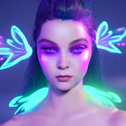 Prompt: neon fluorescent, iridescent young ornella muti with fairy wings cyperpunk 2 0 7 7, unreal engine 5, 8 k ultra realistic, hyperdetailed, volumetric lighting, extremely high quality