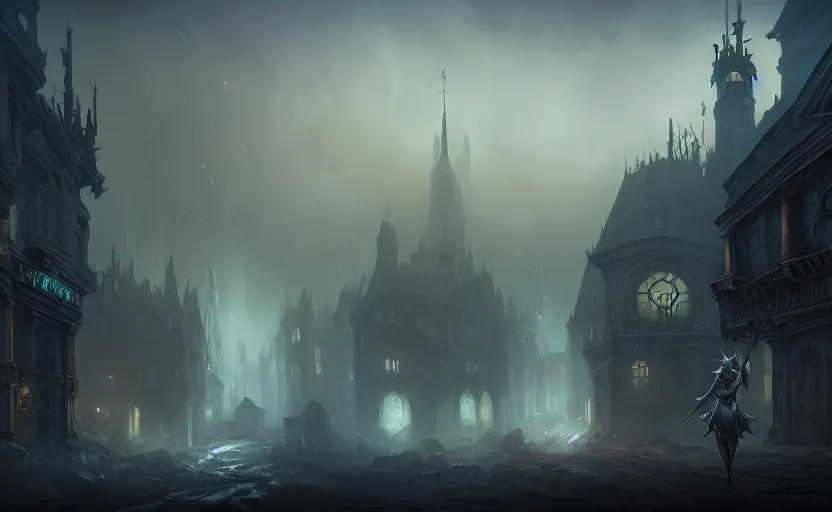 Image similar to extreme long shot concept art depicted old english majestic town, dramatic mood, overcast mood, dark fantasy environment, detailpunk, art inspired by league of legends and arcane, style by jason engle and jordan grimmer, trending on artstation, unreal engine, golden ratio, spectacular composition, realistic architecture