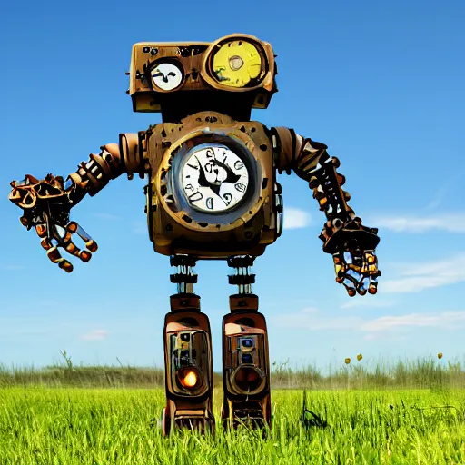 Prompt: A lonely steampunk robot walking in a field