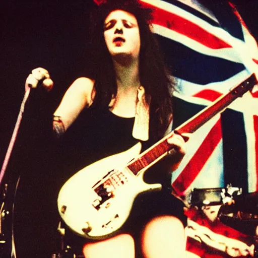 Image similar to 1 9 - year - old girl in a traditional doom metal band, new wave of british heavy metal, live in concert, live 1 9 8 6, united kingdom flags, union jack, playing electric guitar, headbanging crowd of longhairs, audience of longhairs, super 8 mm, grainy photo, colorized