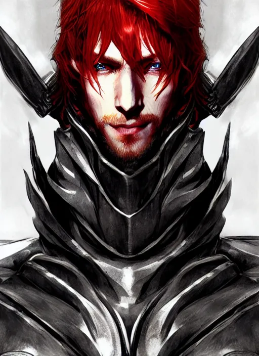 Image similar to Half body portrait of a handsome red haired elven prince in dragon scale armour. In style of Yoji Shinkawa and Hyung-tae Kim, trending on ArtStation, dark fantasy, great composition, concept art, highly detailed.