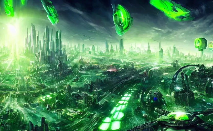 Image similar to an alien mothership crashlands into a sprawling metropolis, gigantic green explosions of energy, digital painting masterpiece, concept art, 4 k wallpaper, beautiful, advanced lighting technology, intense cinematic quality