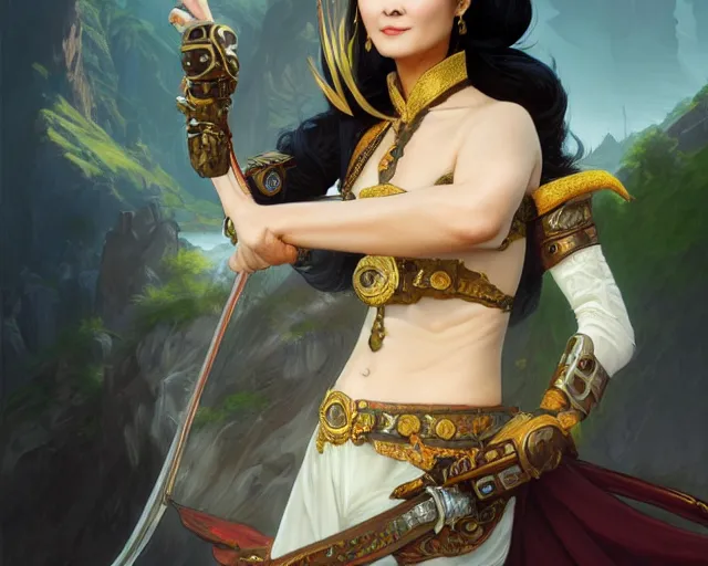 Image similar to photography of brigitte lin dressed as dongfang bubai, deep focus, d & d, fantasy, intricate, elegant, highly detailed, digital painting, artstation, concept art, matte, sharp focus, illustration, hearthstone, art by artgerm and greg rutkowski and alphonse mucha