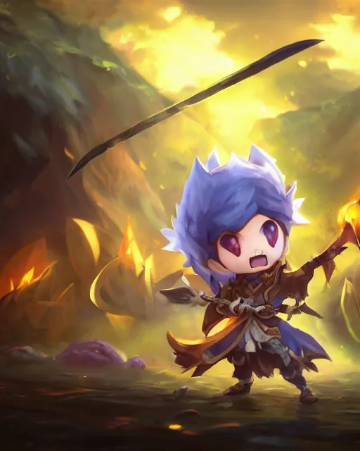 Image similar to oil painting of a cute chibi MapleStory warrior,, attacking, casting a spell with a spear, wearing a MapleStory warrior outfit, sharp focus, fantasy style, octane render, volumetric lighting, 8k high definition, by greg rutkowski, highly detailed, trending on artstation, magic the gathering artwork, Perion background from MapleStory, centered