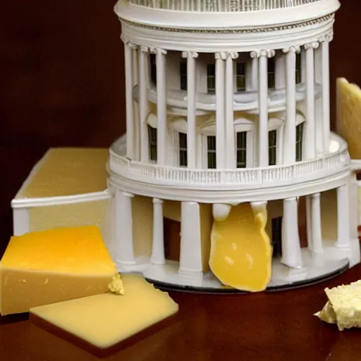 Image similar to the white house but it's made out of different cheeses